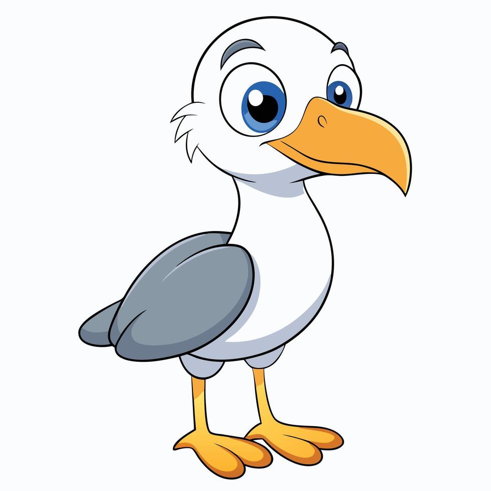 Cute cartoon seagull character illustration on white background standing upright pose vector