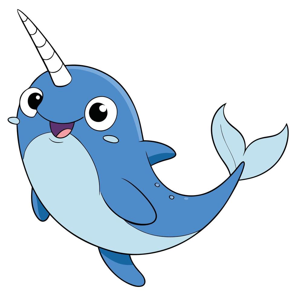 Cute smiling narwhal cartoon illustration marine animal image vector