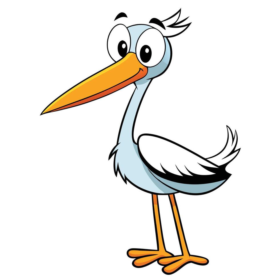 Cartoon stork character illustration with long beak on white background vector