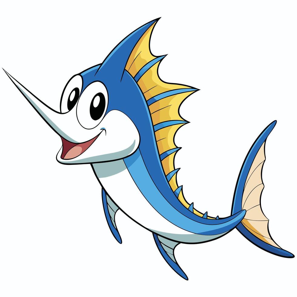 Cartoon marlin fish illustration with big eyes and happy expression isolated vector