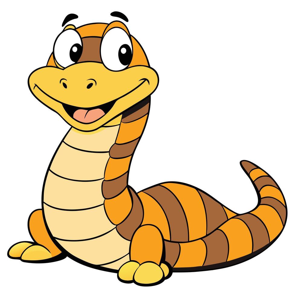 Smiling cartoon snake illustration with orange and brown stripes graphic vector