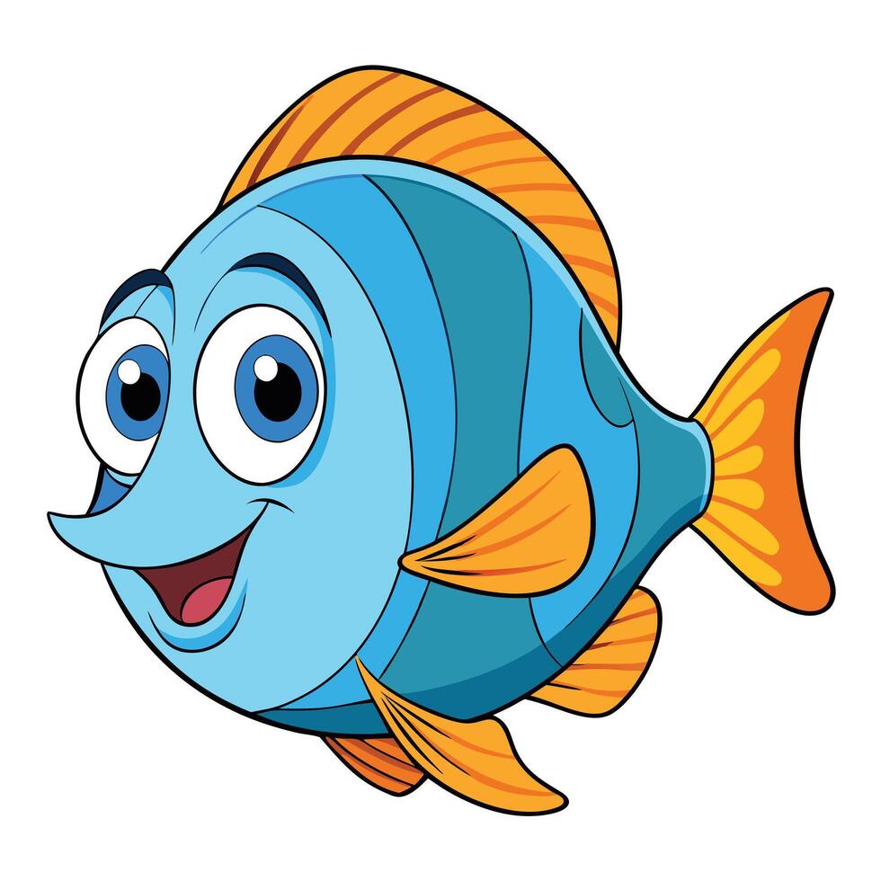 Cartoon blue fish illustration cheerful underwater animal with orange fins vector