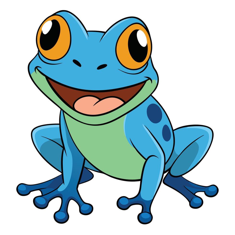 Cheerful cartoon blue frog illustration with big eyes and smiling expression vector
