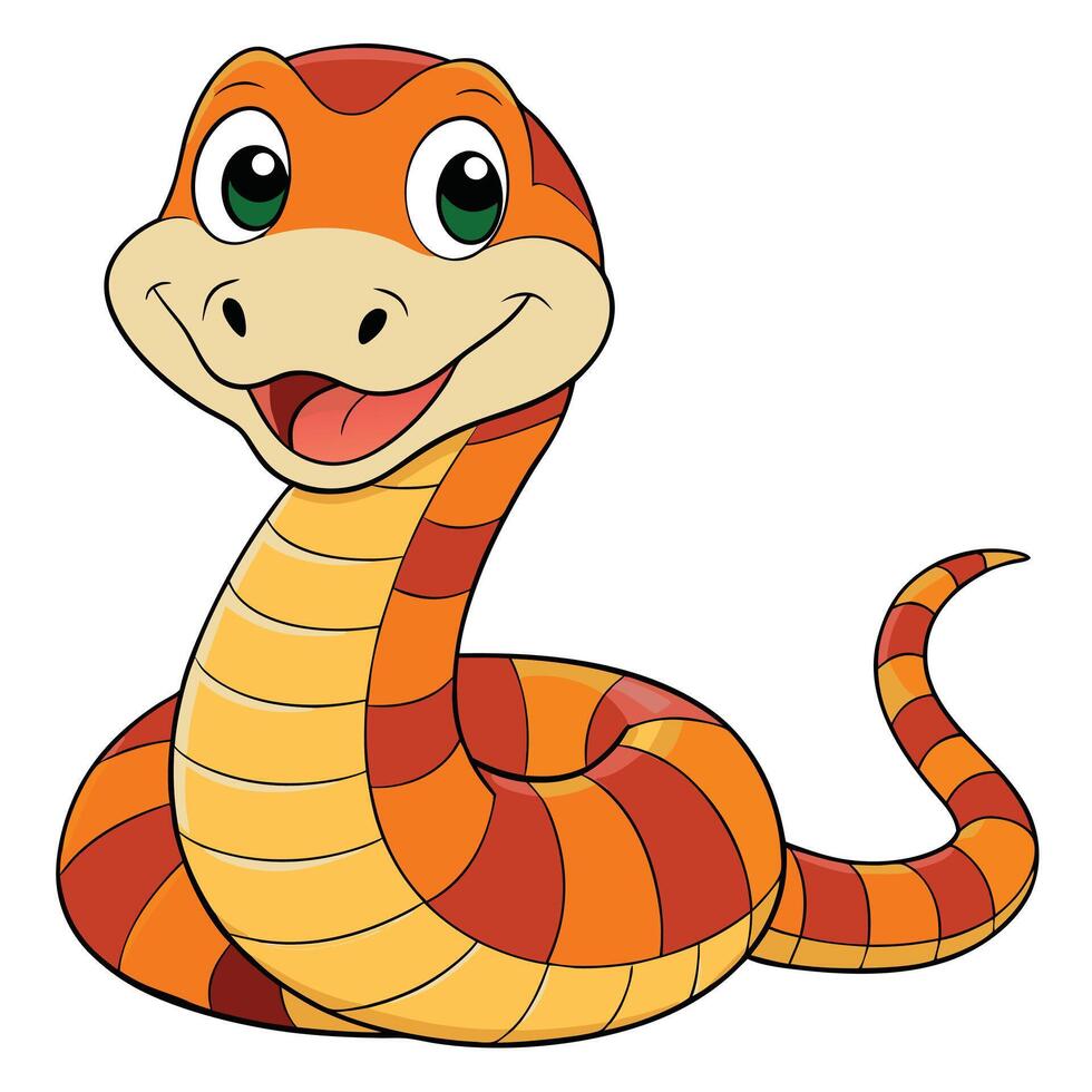 Cute cartoon snake with smiling face and orange patterned body illustration vector