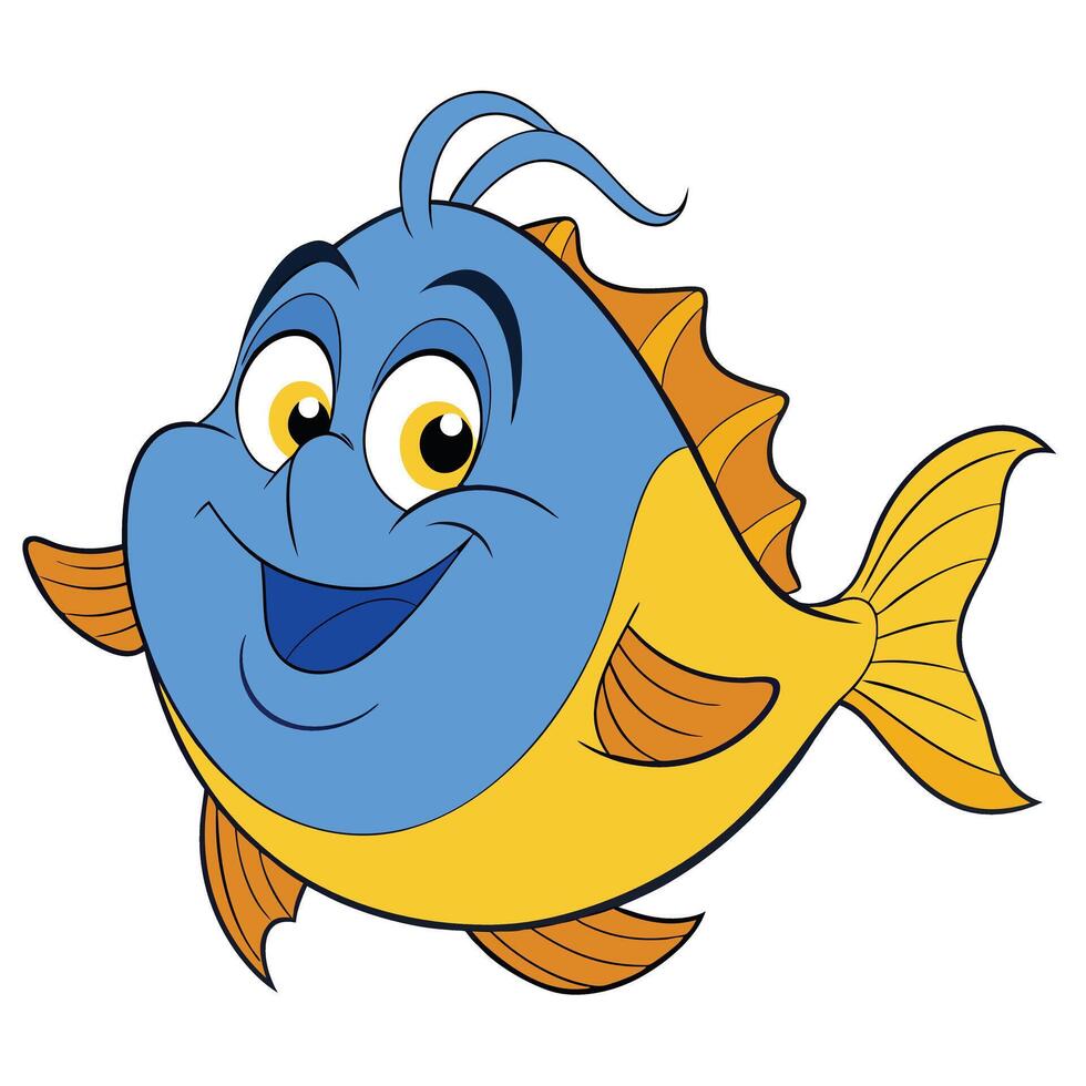 Smiling cartoon fish illustration with blue head and yellow body fins tail vector