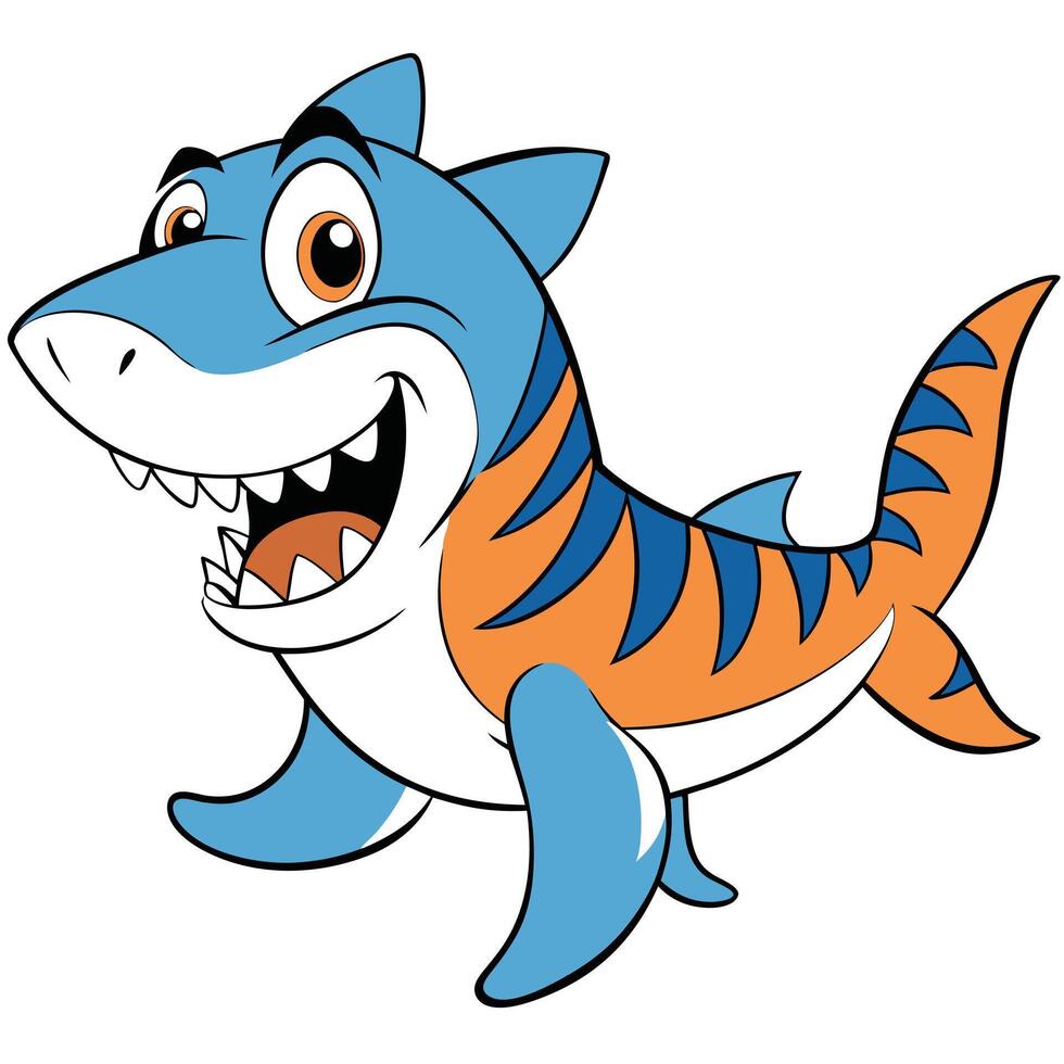 Friendly cartoon shark character with orange stripes and big smile illustration vector