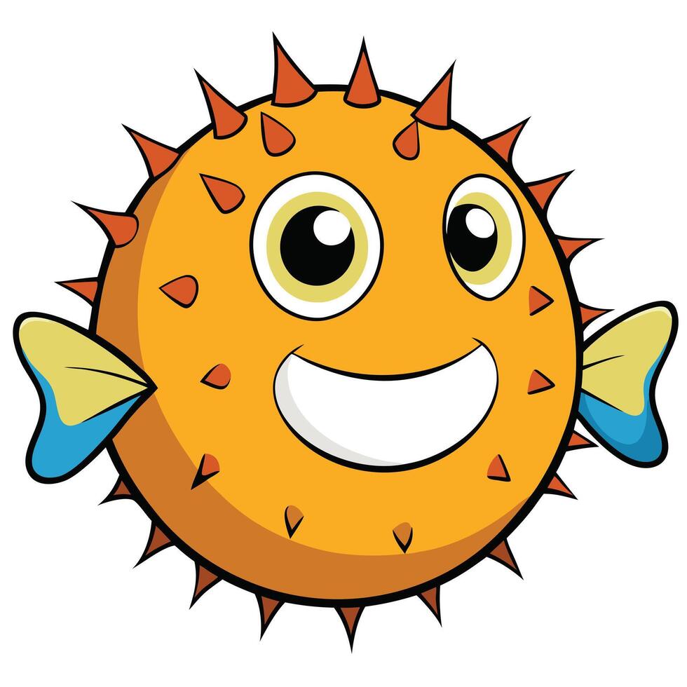 Cute cartoon pufferfish with smiling face and sharp spines underwater animal vector