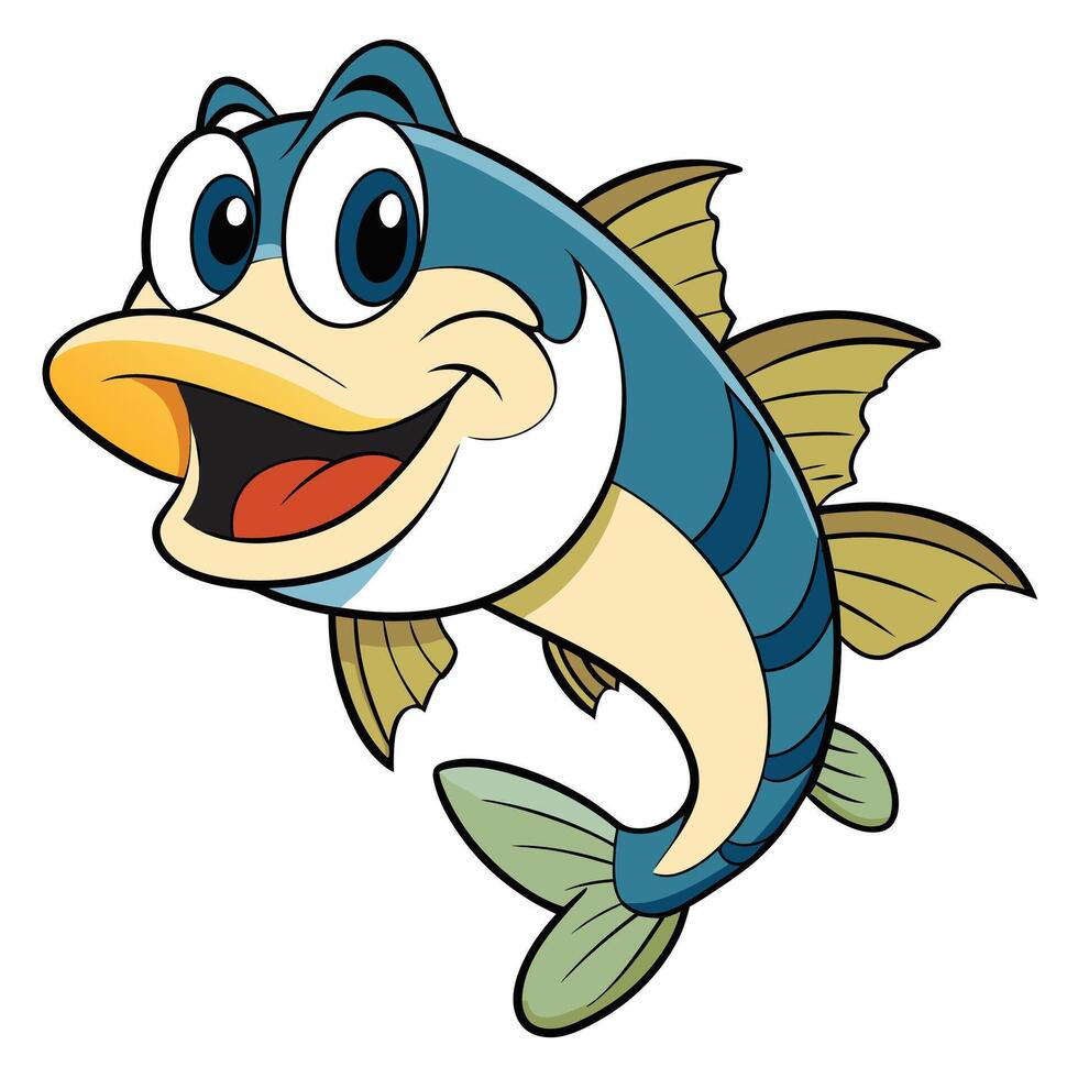 Cheerful cartoon fish illustration smiling wide mouth with an open expression vector