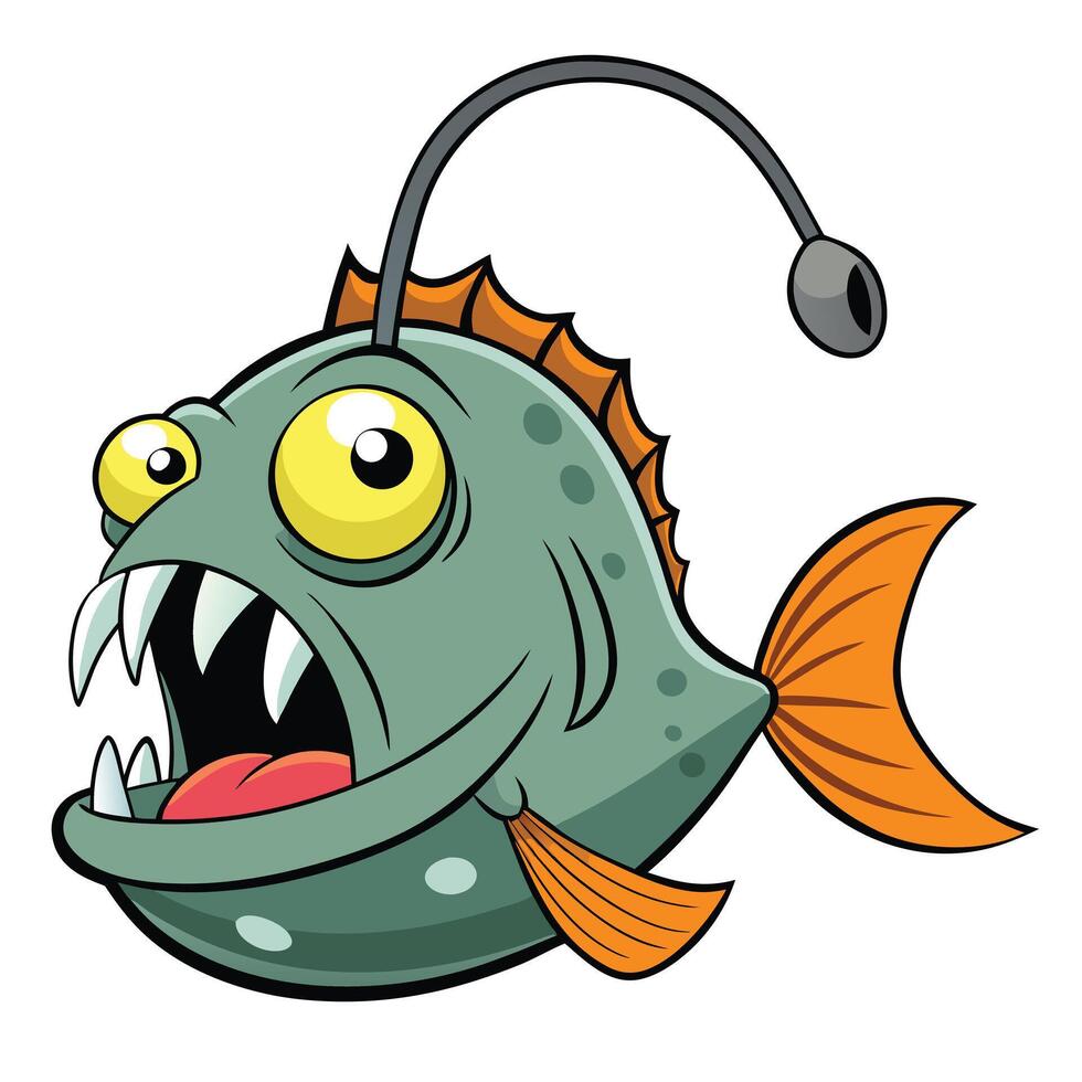 Cartoon anglerfish illustration with big teeth and bioluminescent lure vector