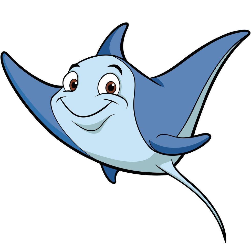 Cute cartoon blue stingray character illustration smiling on white background vector