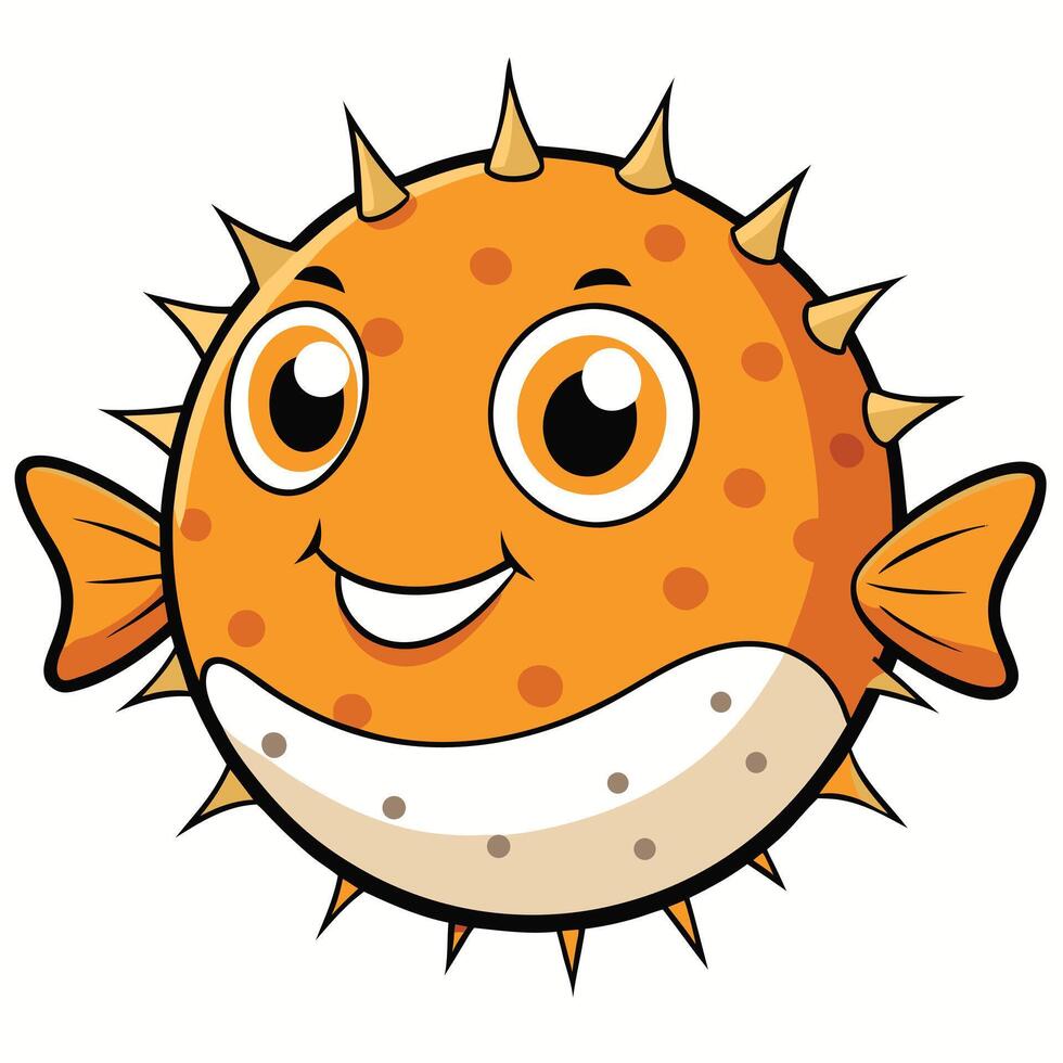 Cute cartoon pufferfish illustration smiling with orange skin and spikes vector