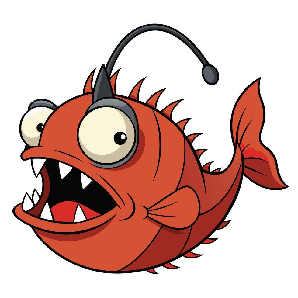 Cartoon anglerfish illustration with light lure in red color vector