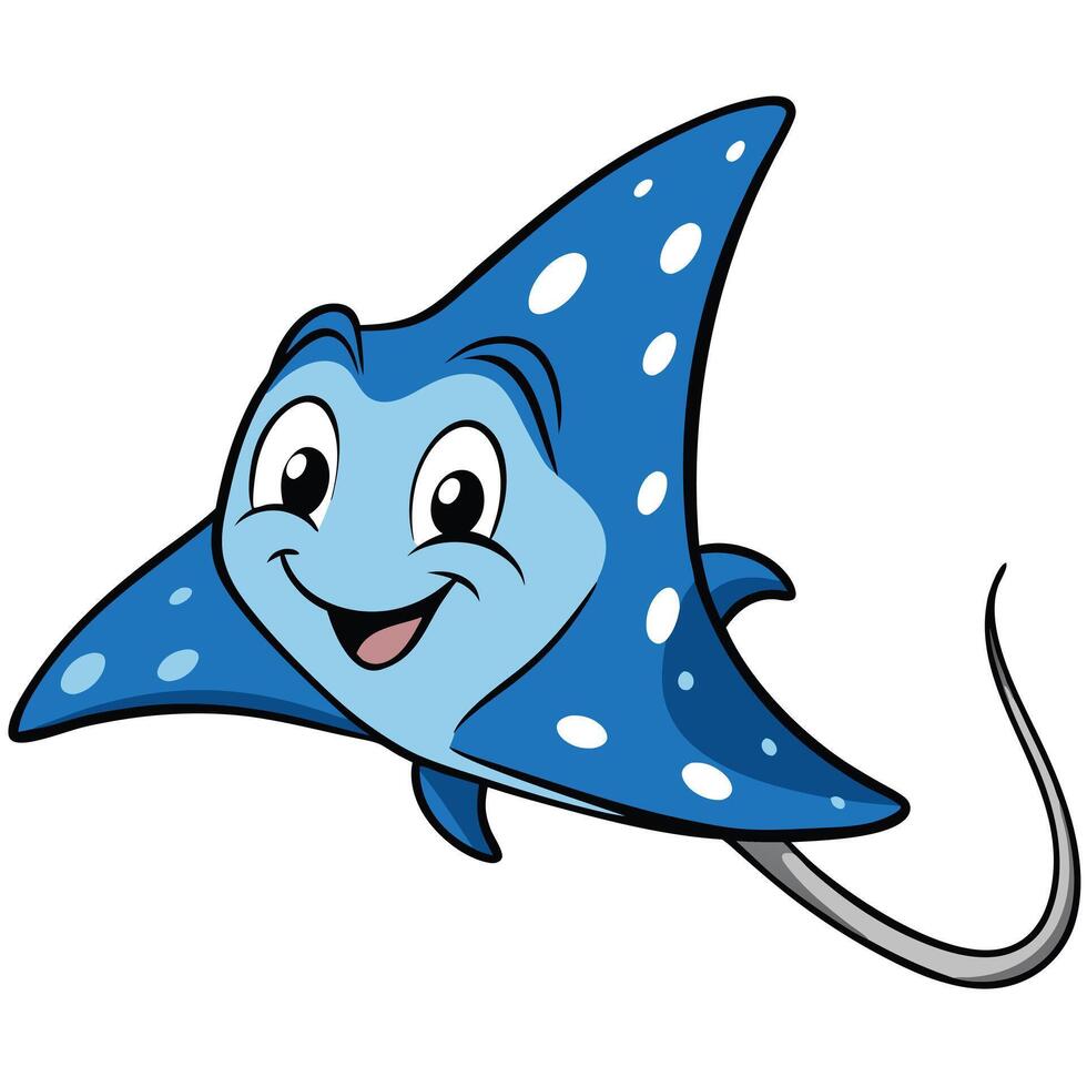 Smiling cartoon stingray character with blue skin and white spots illustration vector