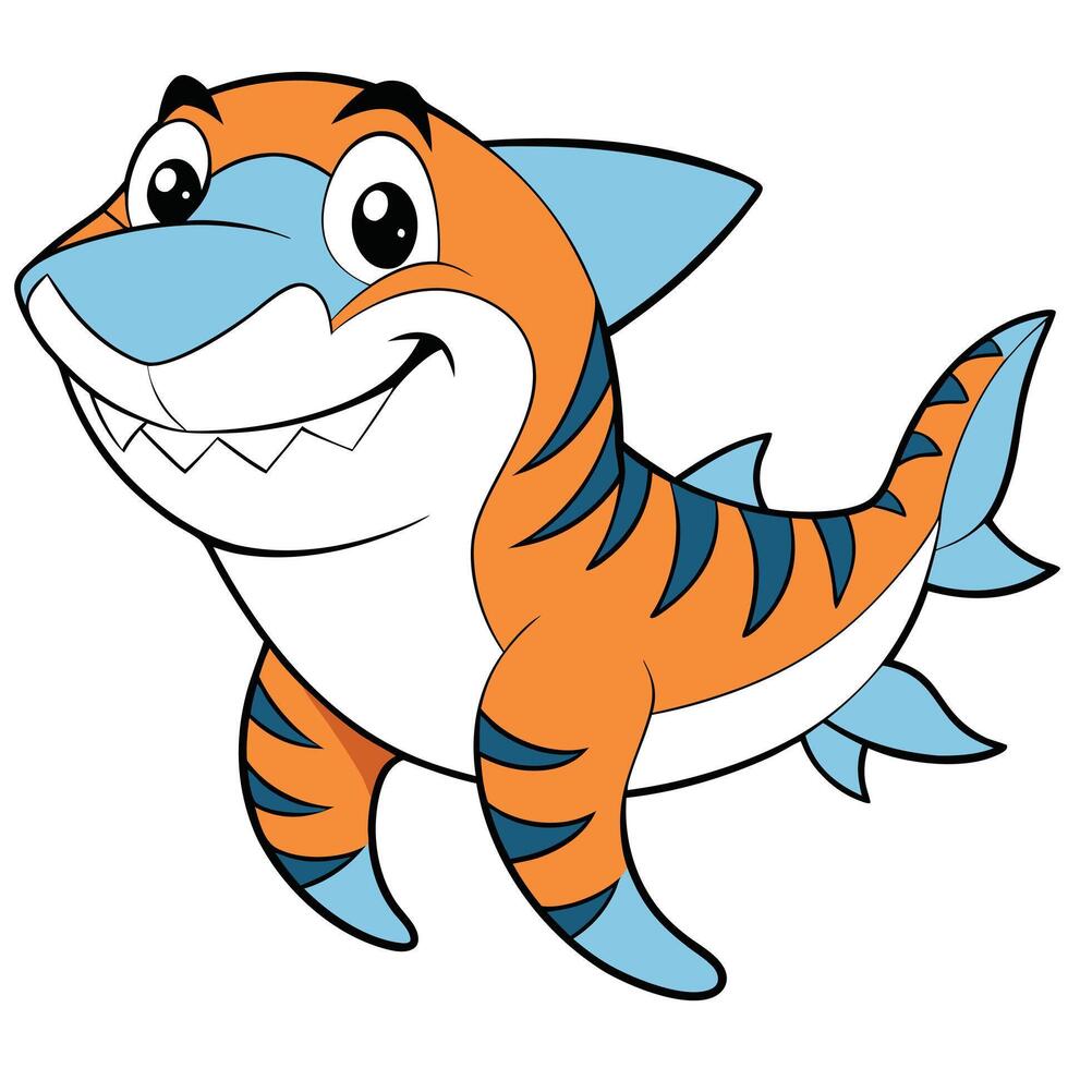Cartoon orange and blue shark character smiling with fins illustration vector
