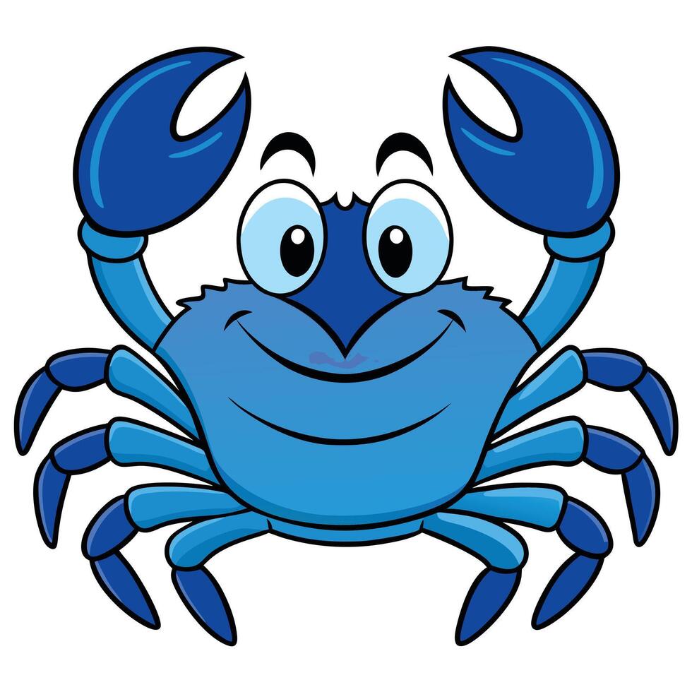 Cheerful blue cartoon crab with big claws and smiling face illustration vector