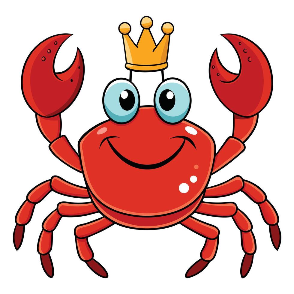 Cute cartoon red crab wearing a golden crown smiling cheerfully illustration vector