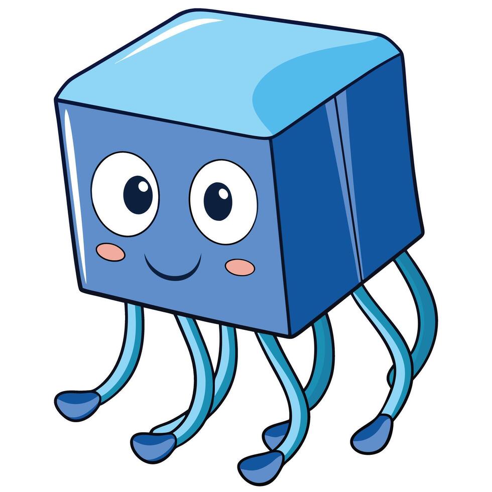 Cute blue cube character with googly eyes and tentacle legs cartoon illustration vector