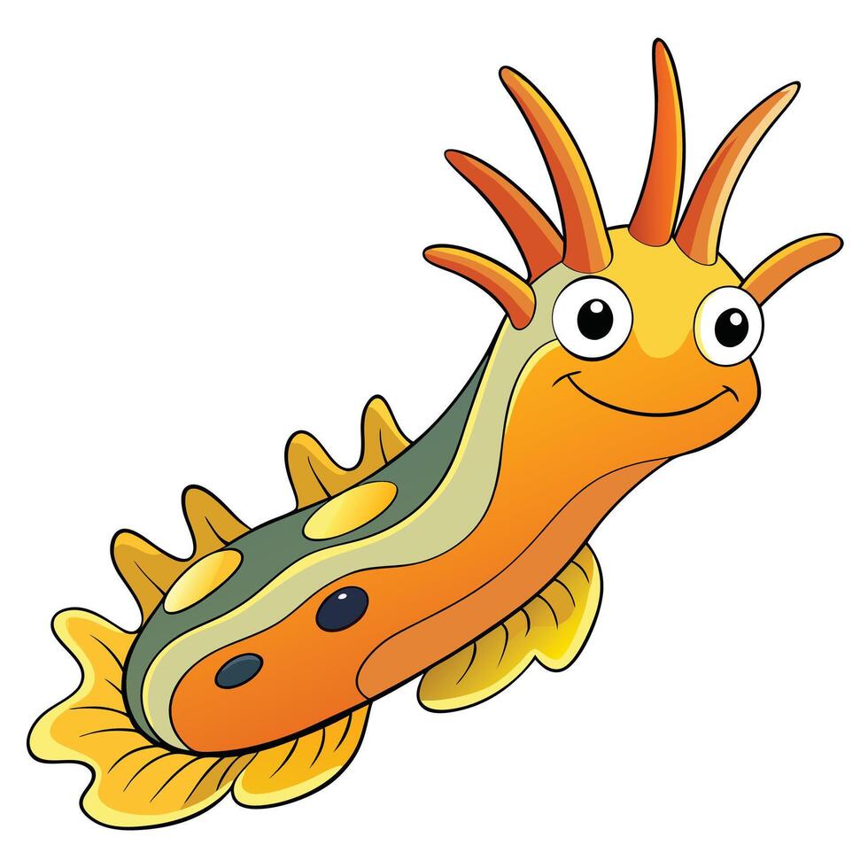 Cartoon sea slug illustration cheerful underwater creature orange yellow and green color palette vector