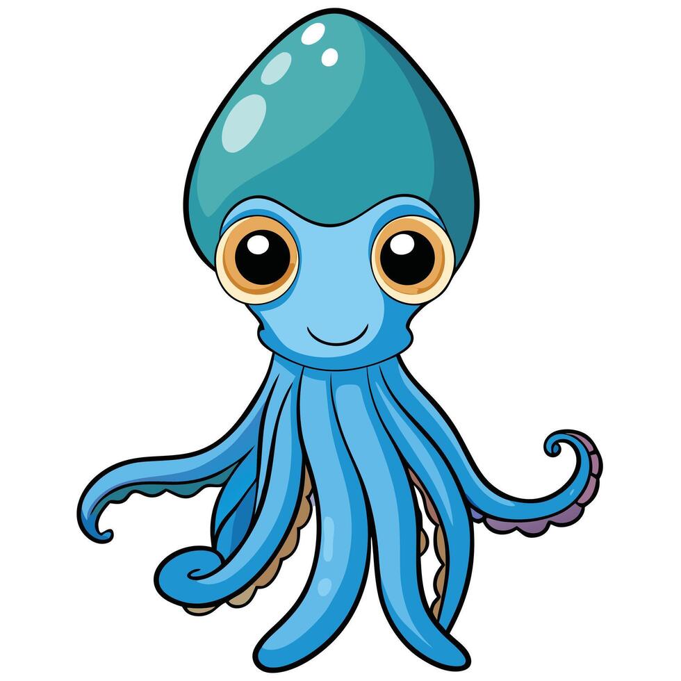 Cute blue cartoon squid character with big eyes on white background vector