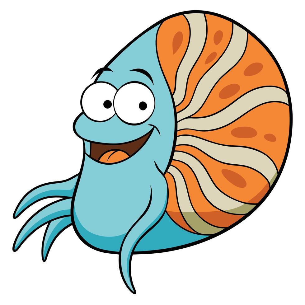 Cartoon nautilus illustration cheerful marine life character with blue tentacles and orange shell vector