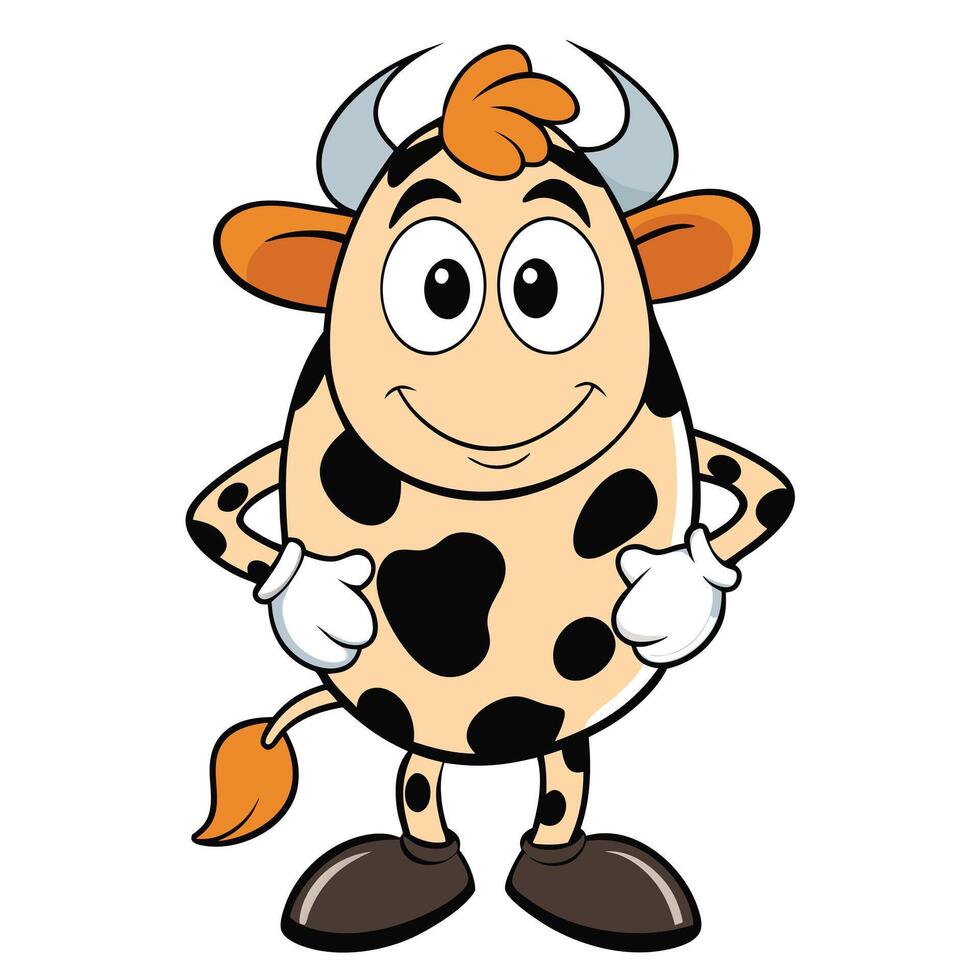 Cute cartoon cow standing with hands on hips happy farm animal vector