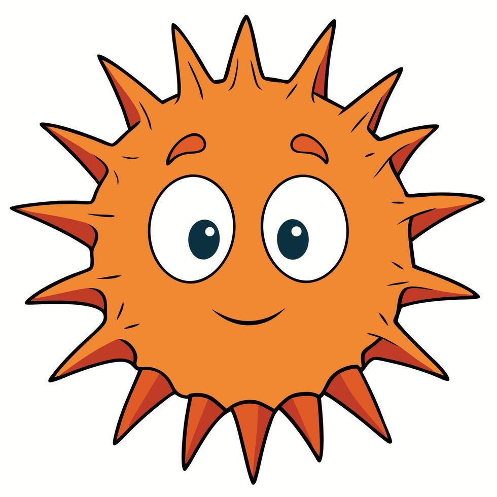 Cute cartoon sun character with spikes and big eyes smiling happily vector