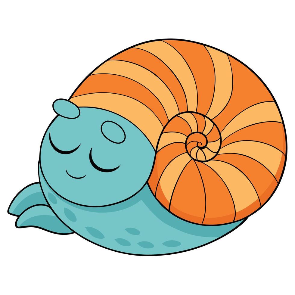 Cute sleeping snail cartoon illustration peaceful mollusk with striped shell design vector