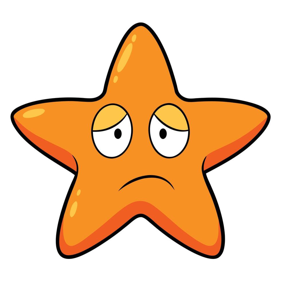 Sad orange starfish cartoon character with drooping eyes and frowning mouth expression vector