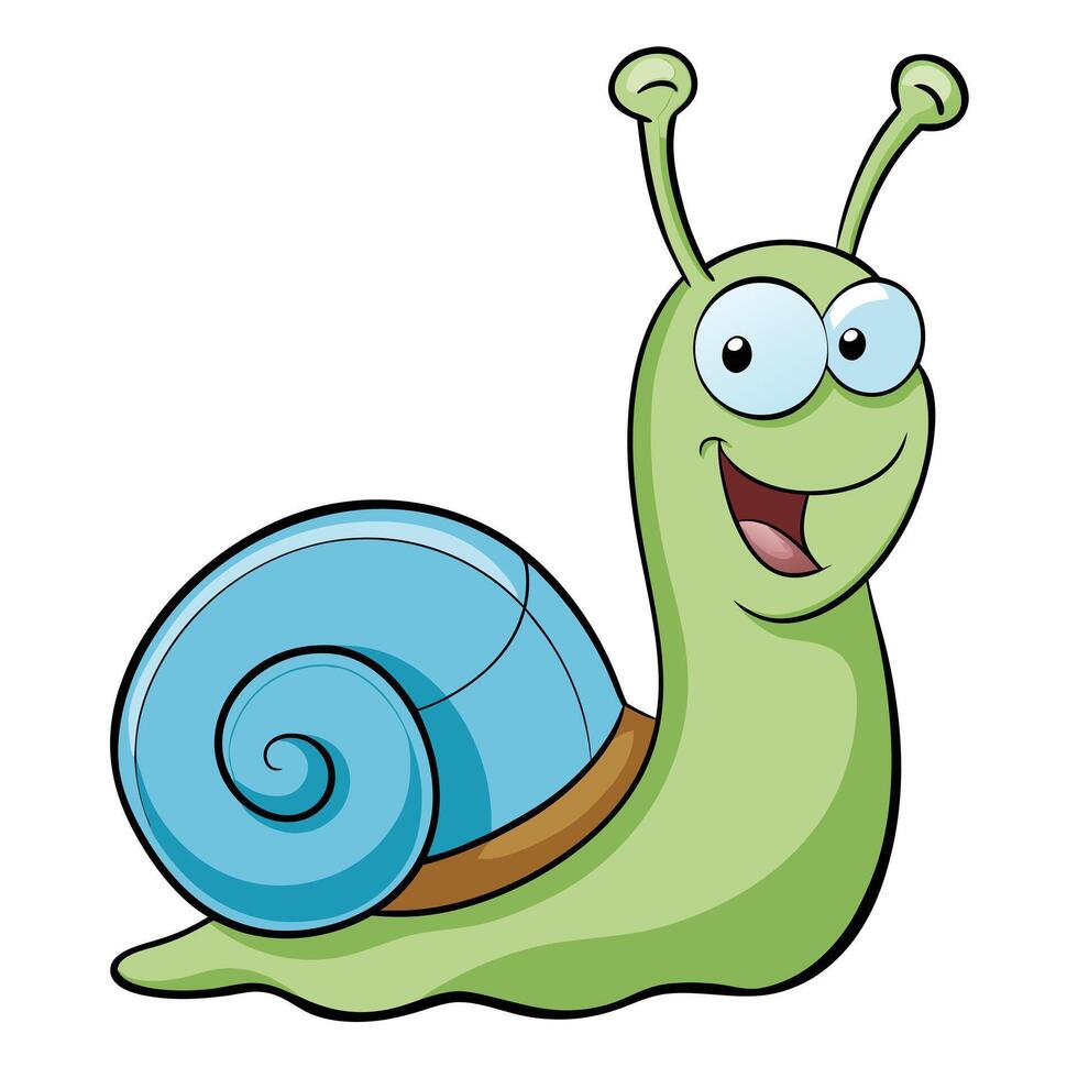 Cheerful cartoon snail with blue shell illustration on white background vector