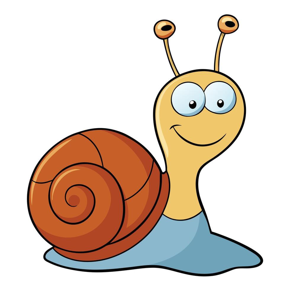 Smiling snail cartoon character illustration with antennae and spiral shell design vector