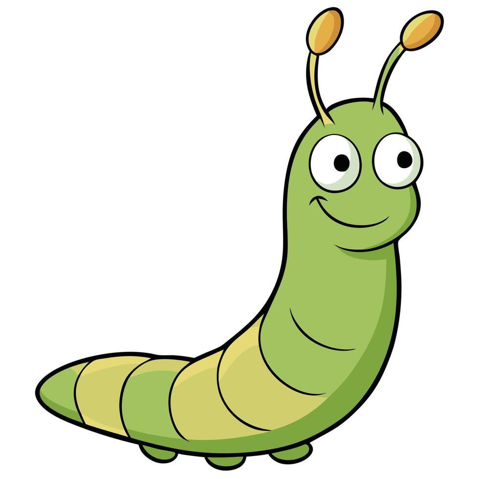 Cute green cartoon caterpillar smiling with big eyes and antennae illustration vector