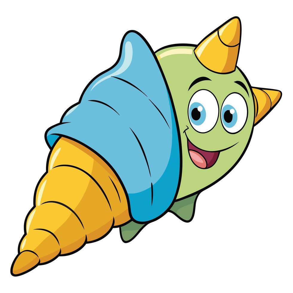 Smiling cartoon seashell character with turquoise blanket and yellow horns vector