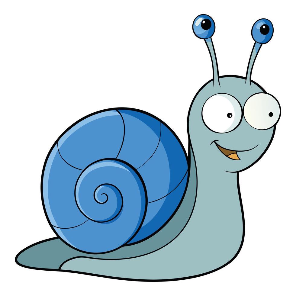 Cute blue cartoon snail illustration with smiling face and googly eyes isolated vector