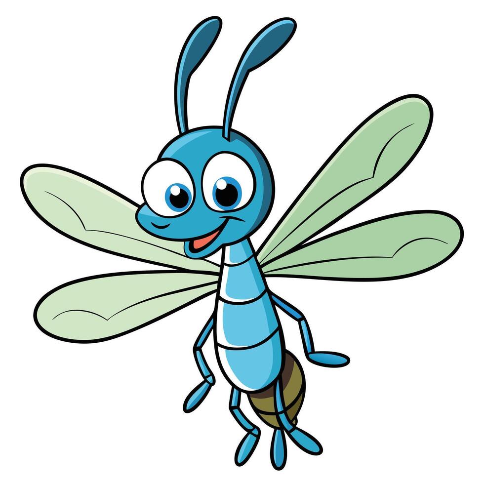 Cartoon illustration of a happy blue dragonfly with large eyes vector