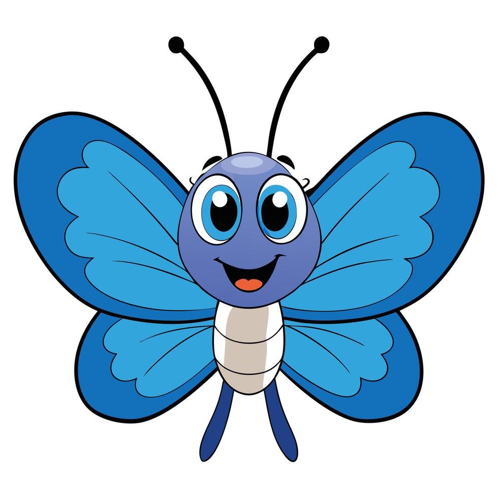 Cartoon butterfly illustration with smiling face and blue wings vector