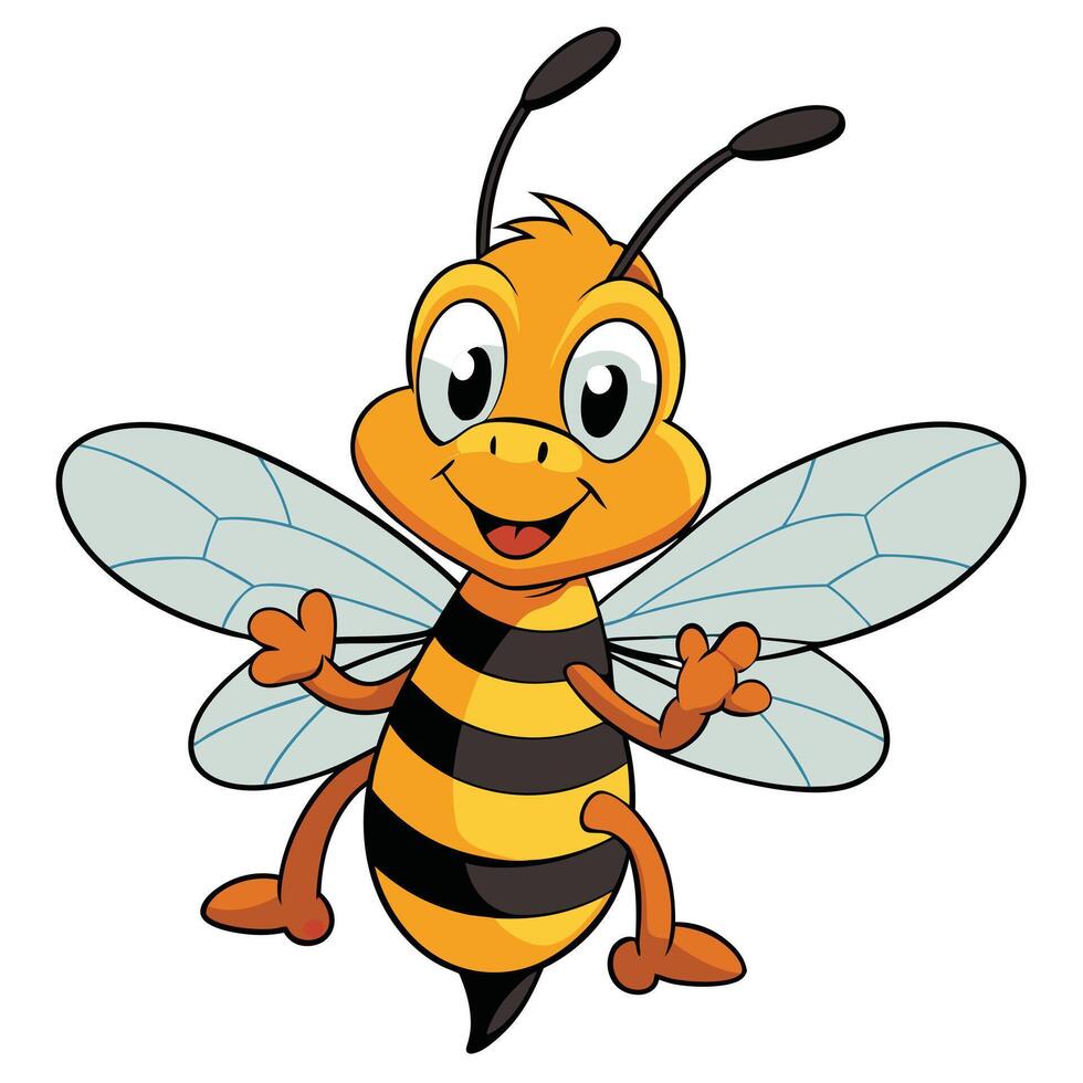 Happy cartoon bee character illustration with black and yellow stripes vector
