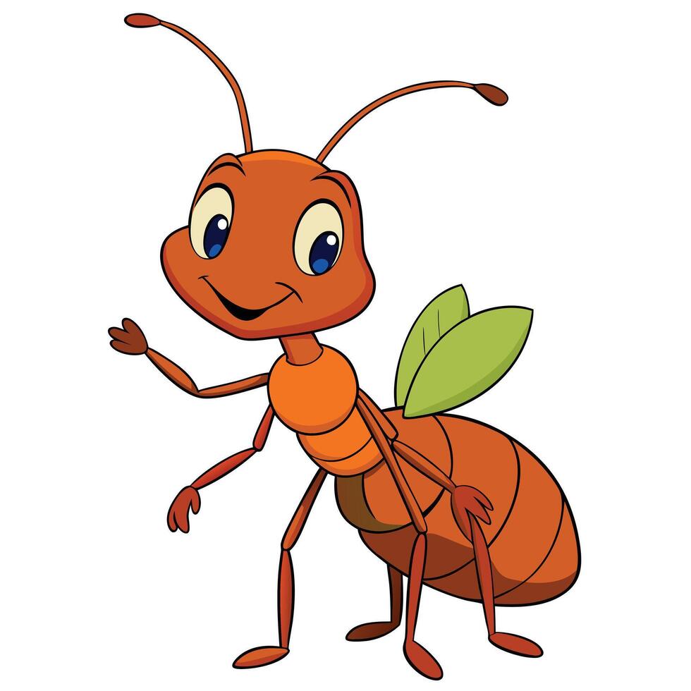 Cute cartoon ant character waving friendly with green leaves vector