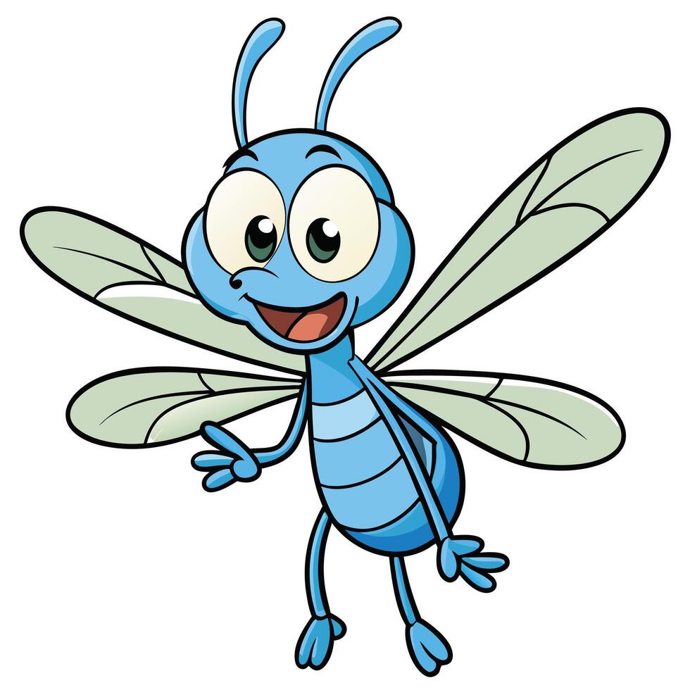 Smiling blue dragonfly cartoon character illustration on white background vector
