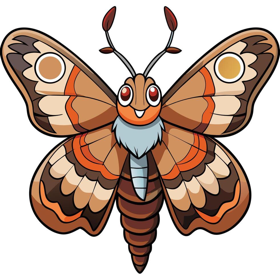 Smiling cartoon moth illustration with detailed wing patterns and antennae vector