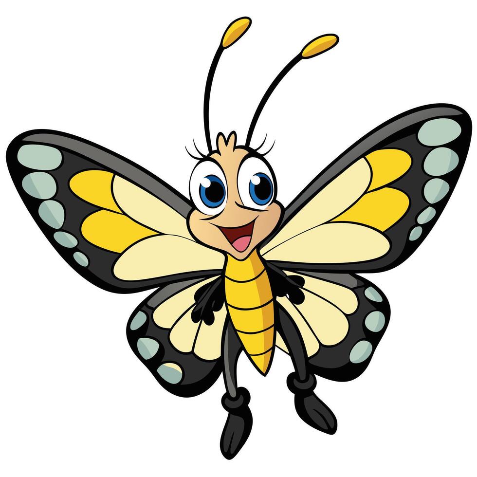 Cute butterfly cartoon character with yellow and black wings vector