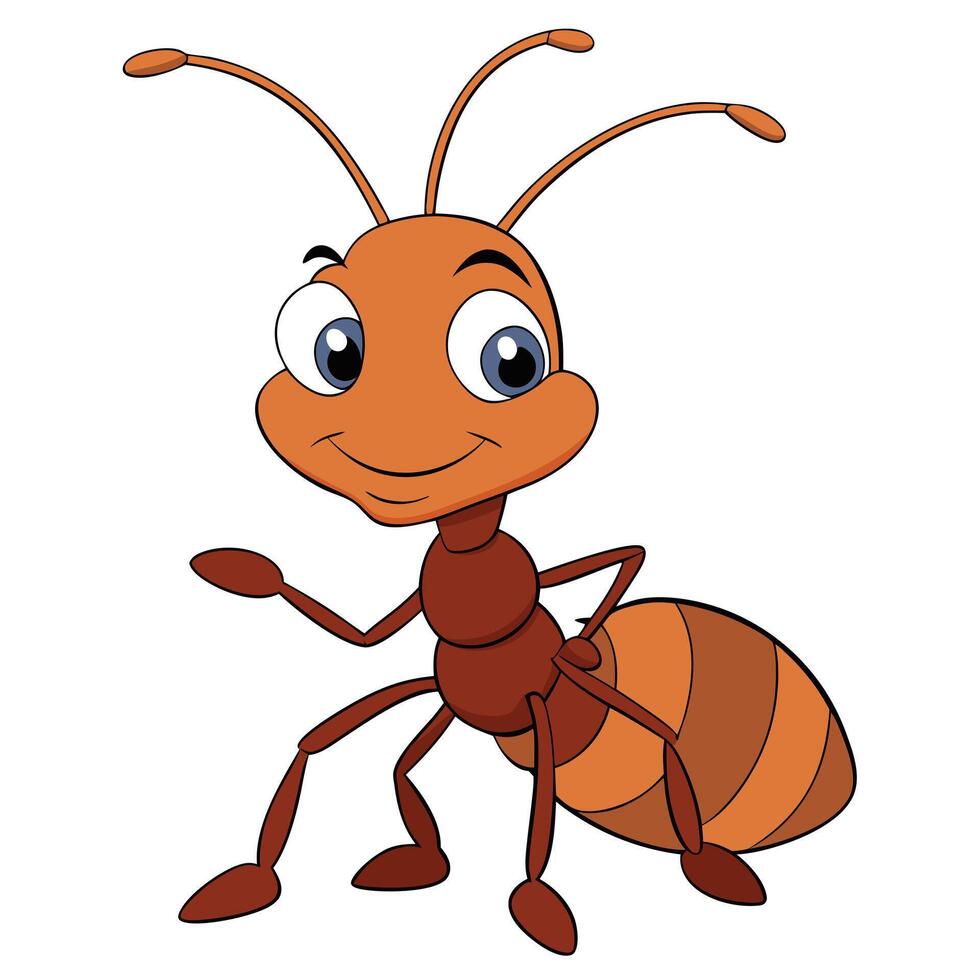 Smiling cartoon ant illustration with orange brown stripes on white background vector