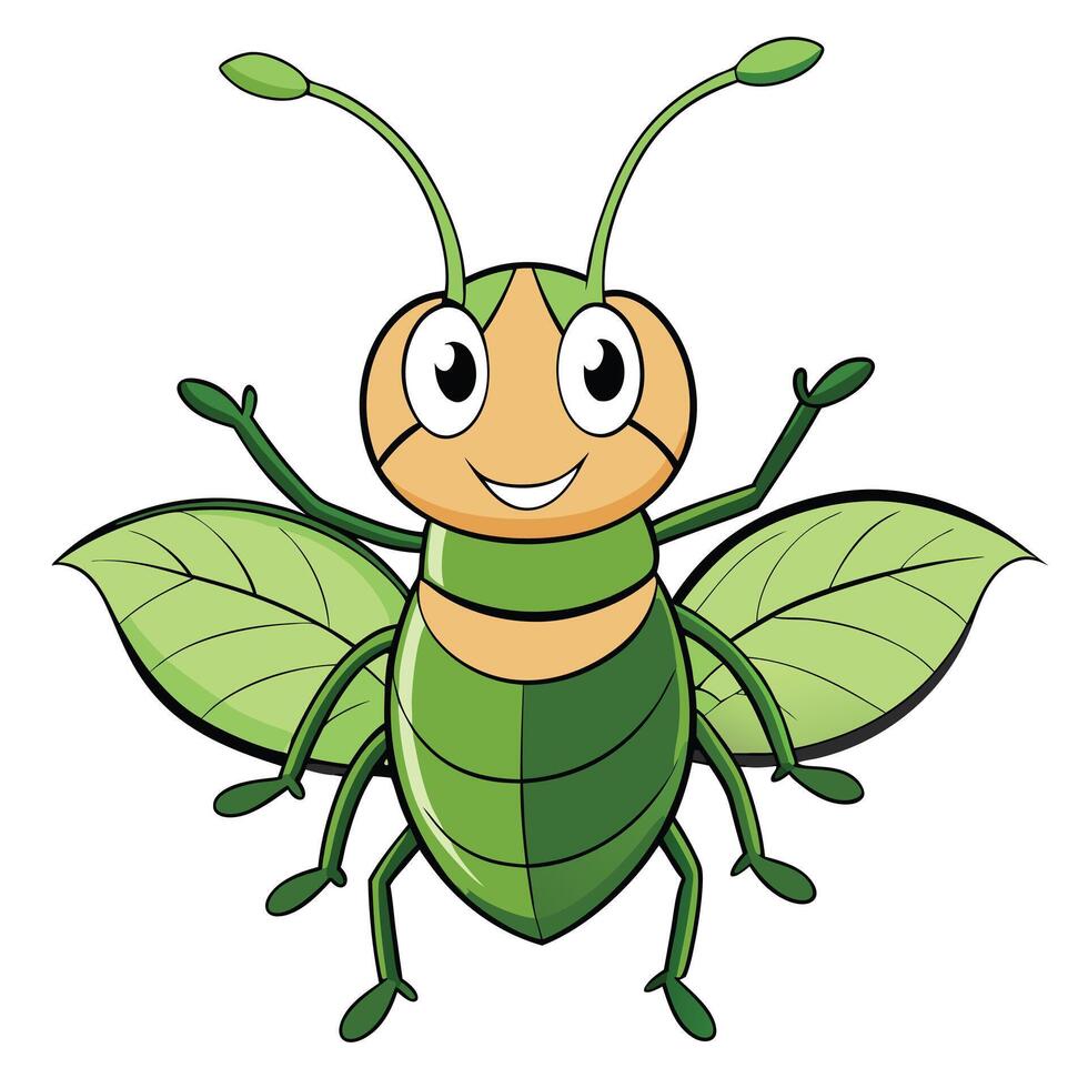 Cartoon grasshopper insect character with leaf wings illustration vector