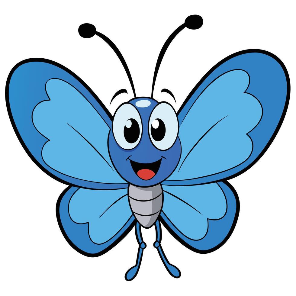Cute smiling blue butterfly cartoon illustration for childrens design vector
