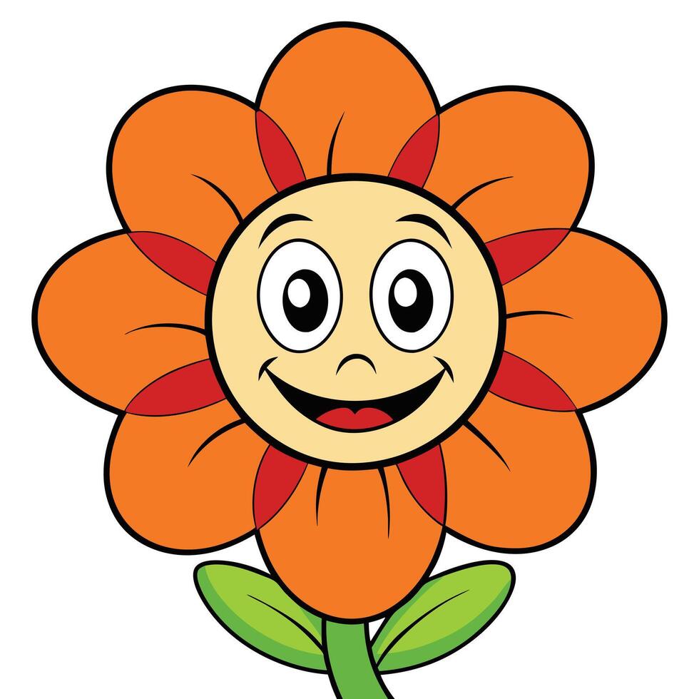 Cheerful orange flower cartoon illustration with a smiling face and green leaves vector