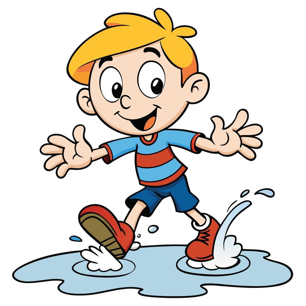 Cartoon boy having fun splashing in puddles after the rain illustration vector