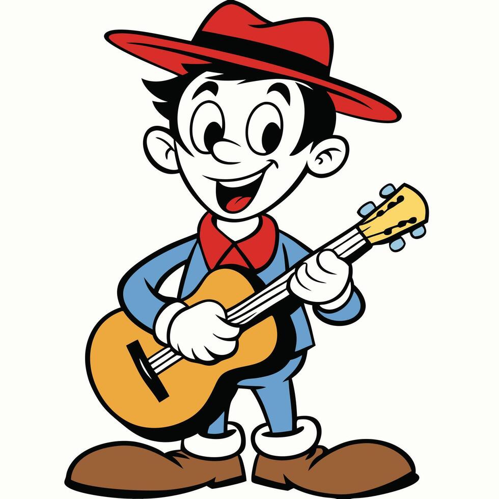 Cartoon boy plays guitar wearing red hat and blue outfit vector