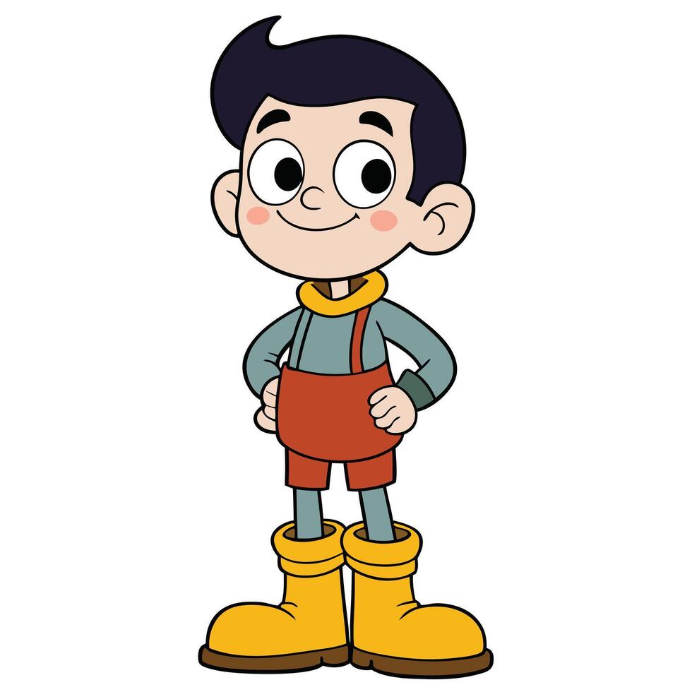 Cartoon character boy standing in overalls and yellow boots illustration vector