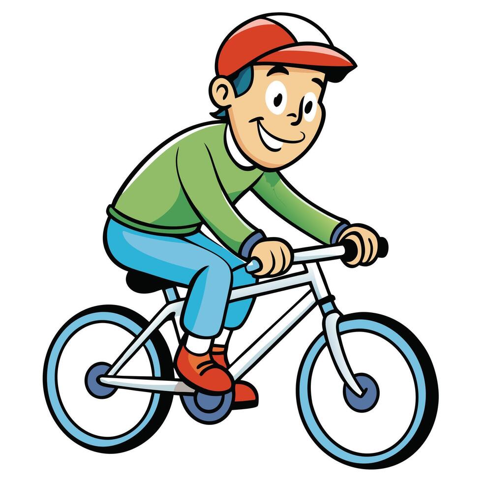 Cheerful young boy enjoying a bicycle ride cartoon illustration vector