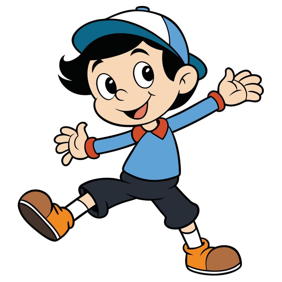 Cheerful boy cartoon character jumping with excitement and positive energy vector