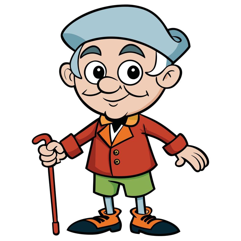 Cartoon illustration of a cheerful elderly gentleman with walking stick vector